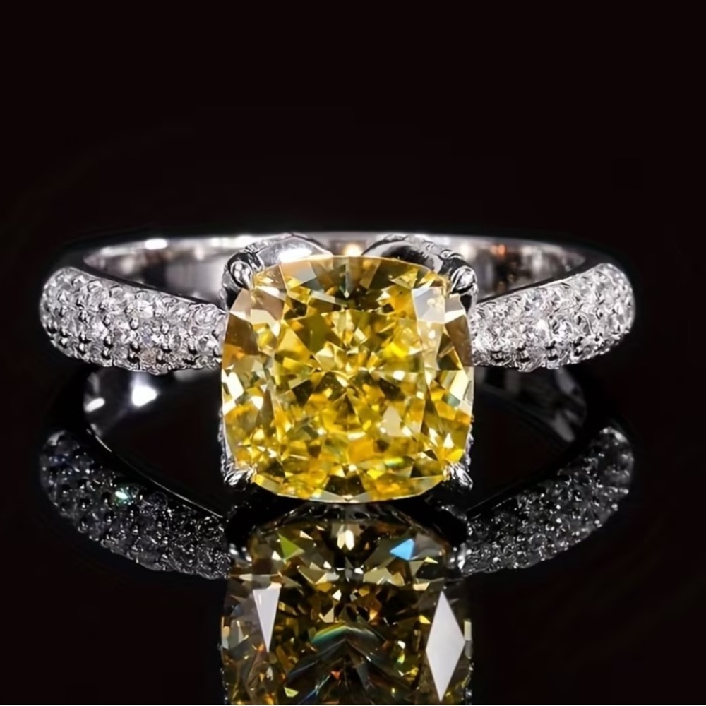 Yellow Synthetic Cubic Zirconia Cushion- Cut Silver Plated Ring